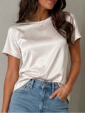 Open Edit Satin Tee Ivory Minimalist Luxe Top NWT